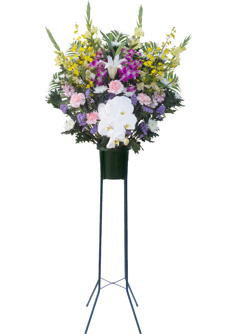 供花C,D - 白い胡蝶蘭、黄色い洋蘭、紫とピンクの花々を組み合わせた豪華な供花スタンド