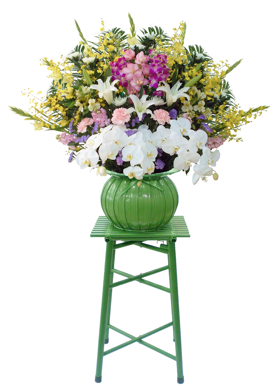 供花G,H - 白い胡蝶蘭をメインに紫、ピンク、黄色の花々で飾られたエレガントな供花スタンド